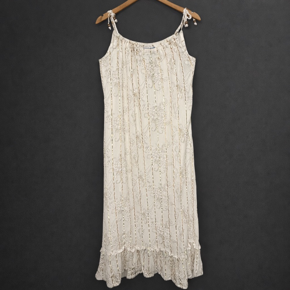 Quik Surfer Boho Cream Gold Floral Stripe Sundress Adjustable Strap Beach Dress - Picture 5 of 5